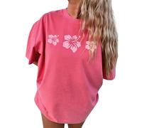 Oversized Graphic Shirt for Teens Girl Y2K Ocean Floral Short Sleeve Baggy Tee Shirts Vintage Aesthetic Coastal Tops (Rose Red, S)