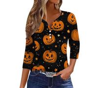 Oversized Graphic Tshirts for Women Chost Pumkin Print Spooky Season Tee 3/4 Length Sleeve Loose Fit Trendy Top Comfort Festival Thanksgiving Blouse for Local Halloween Festivals (Black, M)