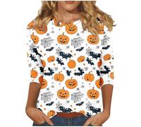 Oversized Graphic Tshirts for Women Chost Pumkin Print Spooky Season Tee 3/4 Length Sleeve Spooky Fashion Tee Thanksgiving Basic Blouse Halloween Friend Gatherings Tops (White, XL)