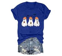 Oversized Graphic Tshirts for Women Chost Pumkin Print Spooky Season Tee Short Sleeve Loose Fit Top Colorful Playful Quirky Outfit Clothes for Local Halloween Festivals (Blue, L)