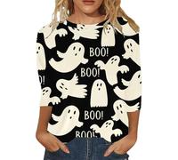 Oversized Graphic Tshirts for Women Doodles Crew Neck Spooky Season Shirt 3/4 Length Sleeve Trendy Top Comfort Festival Thanksgiving Blouse Halloween Fashion Gift Top (Black, S)