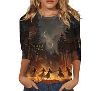 Oversized Graphic Tshirts for Women Doodles Crew Neck Spooky Season Shirt Casual 3/4 Length Sleeve Top Comfort Festival Thanksgiving Blouse for Halloween Costume Parties (Green, XXL)