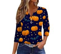 Oversized Graphic Tshirts for Women Fall Pumpkin Print Buttons Neck T-Shirts 3/4 Length Sleeve Casual Top Comfort Lightweight Thanksgiving Basic Blouse for Local Halloween Festivals (Dark Blue, XXXL)