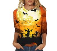 Oversized Graphic Tshirts for Women Funny Pumpkin Printed Spooky Season Shirts 3/4 Length Sleeve Trendy Top Family Party Celebration Basic Blouse Halloween Street Travel (Orange, S)