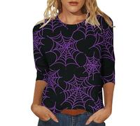 Oversized Graphic Tshirts for Women Funny Pumpkin Printed Spooky Season Shirts 3/4 Length Sleeve Trendy Top Family Party Celebration Basic Blouse Halloween Street Travel (Purple, L)