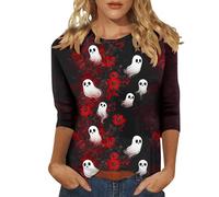 Oversized Graphic Tshirts for Women Funny Pumpkin Printed Spooky Season Shirts 3/4 Length Sleeve Trendy Top Family Party Celebration Basic Blouse Halloween Street Travel (Red, XXL)