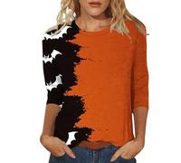 Oversized Graphic Tshirts for Women Funny Pumpkin Printed Spooky Season Shirts 3/4 Length Sleeve Trendy Top Family Party Celebration Basic Blouse Halloween Street Travel (Yellow, XXXL)