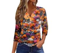 Oversized Graphic Tshirts for Women Funny Pumpkin Printed Spooky Season Shirts Casual 3/4 Length Sleeve Top Happy Festival Family Party Celebration for Halloween Costume Parties (Purple, XXL)