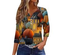 Oversized Graphic Tshirts for Women Spooky Season Funny Printed Shirts 3/4 Length Sleeve Spooky Fashion Tee Happy Festival Family Party Celebration Halloween Thanksgiving Gift Tops (Dark Blue, S)