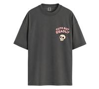 Oversized Halloween Tshirt - Front & Back Print Cute But Deadly T-Shirt Skull Bow Cherry Witchy Alternative Halloween Top Halloween Outfit Over Sized Vintage Wash Baggy Tee - 3XL Pepper