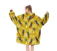 Oversized Hoodie Sweatshirt Blanket, Ouduo Pineapple Print Super Soft Plush Fluffy Sherpa Hoodie Wearable Giant Hoody Pullover with Warm Front Pocket Fits Adults Men Women (Yellow,One Size)