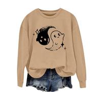 Oversized Hoodies Women's Halloween Costume Crew Neck Jumper Without Hood Print Carnival Halloween Pullover Sweatshirt Ghost Print Horror Festive Long Shirt Long Shirt Loose Top, khaki, L