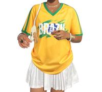 Oversized Jersey Shirts for Women Argentina Jersey Brazil Shirt Pink Soccer Mom Tshirts Y2k V Neck Short Sleeve Top, Yellow, S