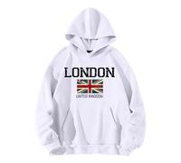 Oversized Jumper Women London United Kingdom Letter Graphic Sweatshirts Union Jack Flags Pullover Hoody Tops England Streetwear Vintage British Flag Lounge Jumpers Y2k Athleisure Clothing White