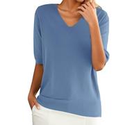 Oversized Jumper Women Short Sleeve V Neck Lightweight Sweater Outdoor Office Workout Shirts Soft Loose Fit Knitted T-Shirt Basic Pullover Solid Color Knitwear Women's Sleeveless Jumpers Blue