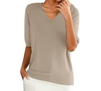 Oversized Jumper Women Short Sleeve V Neck Lightweight Sweater Outdoor Office Workout Shirts Soft Loose Fit Knitted T-Shirt Basic Pullover Solid Color Knitwear Ladies Blouses Khaki