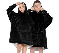 Oversized Kids Hug Snug Hoodies - Thermal Warm & Cosy Fleece Blanket Hoodie For Girls & Boys - Large Front Pocket Wearable Hooded Sweatshirt - Black