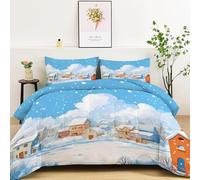 Oversized King Coverless Duvet Set - 220 x 240 cm Comfortable Reversible Bedding Set, Cartoon City Snowy Scene Old Town Warm Duvet Set (1x Quilt, 2x Pillow Cases) Ultra-Soft Microfiber Bedding