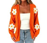 Oversized Knit Cardigans for Women Uk Open Front Long Sleeve Cardigan | Cute 3D Daisy Flower Knit Cardigan Loose Fit Chunky Jumper Tops for Autumn Winter Streetwear Daily