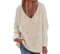 Oversized Knitted Jumpers for Women - V Neck Loose Pullover Sweaters for Women - Warm Loose Sweater Fuzzy Tops Solid Pullover Sweaters Thermalwear Plain Sweater Oversized Knitted Long Sleeves Beige