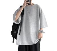 Oversized Korean Style Mens Casual Tee, Waffle Five Quarter Sleeves Top (L Grey)