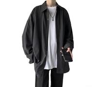 Oversized Korean Style Shirt for Men Long Sleeve Button Down Streetwear Blouse Lapel Collar Regular Fit (XL Black)