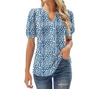 Oversized Linen Shirt Summer Tops for Women UK Clearance Casual Floral Pleated Going Out Blouse Plus Size Short Sleeve Tunic Tops Fashion V-Neck New Women's Summer Clothing A Blue