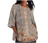 Oversized Linen Shirts for Women UK 3/4 Sleeve Crewneck Tops 2024 Summer Casual Cotton Linen Blouses Plus Size Tee Shirts Ladies Elegant Loose Fit T-Shirts Dressy Going Out Clothes