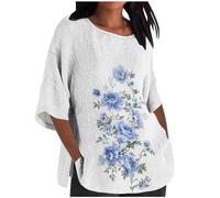 Oversized Linen Shirts for Women UK 3/4 Sleeve Crewneck Tops 2024 Summer Casual Cotton Linen Blouses Plus Size Tee Shirts Ladies Elegant Loose Fit T-Shirts Dressy Going Out Clothes