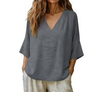 Oversized Linen Tops for Women V Neck Summer Tshirts Ladies Solid Color Curved Hem Longline Swing Shirts