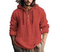 Oversized Men Cotton Hemp Hoodies Button Down Collar Pullover Hoodie Lightweight Loose Casual Shirts Plain Breathable Summer Beach Shirts Solid Color Tops for Running Gym Training Red