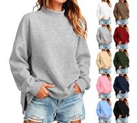 Oversized Mock Neck Sweatshirts for Women Side Slit Fleece Pullover | Casual Relaxed Loose Fit Long Sleeve Drop Shoulder Turtleneck Jumpers 2026 Fall Winter Thermal Sweater Solid Basic Tunic Tops
