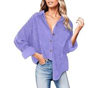 Oversized Muslin Blouse Button Down Corduroy Thin Jacket Corduroy Jacket Women's Shirt Jacket Women's Winter Cord Shirt V-Neck Long Sleeve Blouse with Pocket Casual Jacket Women, Purple, L