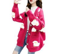 Oversized Open Front Lightweight Casual Loose Drape Cardigans Knit Coat Women Knitting Cardigan Coat Cute Sheep Buttons Front with Pocket Loose Sweater Casual Jackets Womens Plus (Hot Pink, One Size)