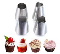 Oversized Piping Nozzles,4 PCS Stainless Steel Piping Nozzles Set for Cake Decorating Includes Silver Star Round Hole Flower Nozzles for Cream Pastry Baking Cupcakes Cookies and More