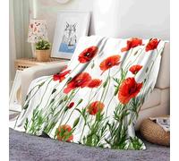 Oversized Poppy Flower Plant Fleece Blanket for Master Bed Settee, 200x220 cm White Flannel Throw Blanket, Warm Breathable Large Bedding Cover for Living Room and Bedroom Decoration.
