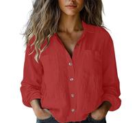 Oversized Shirts for Women, Cotton Linen Tops Womens Soft Comfy Long Sleeve Button Down Shirts Novelty Graphic Print Casual Blouses Floral Dress Elegant V Neck Business Office Casual Tunic A-red