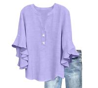 Oversized Shirts for Women Linen Tops 2026 Elegant 3/4 Length Ruffled Sleeves Crew Neck Button Summer Shirts Ladies Blouse Casual Tees Baggy Flowy Dressy Tunic Plus Size Solid T-Shirts Purple