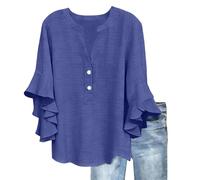 Oversized Shirts for Women Linen Tops 2026 Elegant 3/4 Length Ruffled Sleeves Crew Neck Button Summer Shirts Ladies Blouse Casual Tees Baggy Flowy Dressy Tunic Plus Size Solid T-Shirts Sky Blue