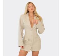 Oversized Shoulder Pad Cinched Waist Wool Look Blazer Dress In Stone, Women's Size UK 6