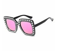 Oversized Square Frame Bling Rhinestone Cat Eye Retro Women Fashion Sunglasses (Black-Pink Silver)