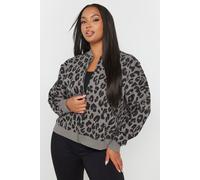 Yours Curve Leopard Print Oversized Sweat Bomber Jacket - Women's - Plus Size Curve Grey