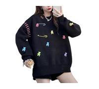 Oversized Sweater Kawaii Bear Pullover Sweater for Women Cute Vintage Baggy Y2K Hoodies Long Sleeve Crewneck Knit Sweater Harajuku Fairy Grunge Preppy Jumper(Black)