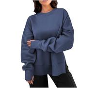 Oversized Sweatshirt Women UK, Ladies Crewneck Solid Color Sweatshirt Side Slit Long Sleeve Pullover Slouchy Loose Fit Tops Y2K Clothes Essentials Hoodie Outlet Jumper Sweater Blue
