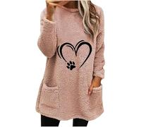 Oversized Sweatshirt Women UK, Ladies Fleece Tops Casual Teddy Plush Longline Sweatshirts Hearts Print Long Sleeve Cosy Tops Autumn/Winter Warm Round-Neck Pullover with Pockets Size 8-18