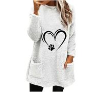 Oversized Sweatshirt Women UK, Ladies Fleece Tops Casual Teddy Plush Longline Sweatshirts Hearts Print Long Sleeve Cosy Tops Autumn/Winter Warm Round-Neck Pullover with Pockets Size 8-18