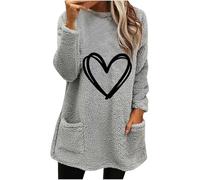 Oversized Sweatshirt Women UK, Ladies Fleece Tops Casual Teddy Plush Longline Sweatshirts Hearts Print Long Sleeve Cosy Tops Autumn/Winter Warm Round-Neck Pullover with Pockets Size 8-18