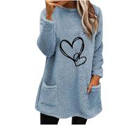 Oversized Sweatshirt Women UK, Ladies Fleece Tops Casual Teddy Plush Longline Sweatshirts Hearts Print Long Sleeve Cosy Tops Autumn/Winter Warm Round-Neck Pullover with Pockets Size 8-18