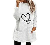 Oversized Sweatshirt Women UK, Ladies Fleece Tops Casual Teddy Plush Longline Sweatshirts Hearts Print Long Sleeve Cosy Tops Autumn/Winter Warm Round-Neck Pullover with Pockets Size 8-18