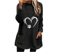 Oversized Sweatshirt Women UK, Ladies Fleece Tops Casual Teddy Plush Longline Sweatshirts Hearts Print Long Sleeve Cosy Tops Autumn/Winter Warm Round-Neck Pullover with Pockets Size 8-18